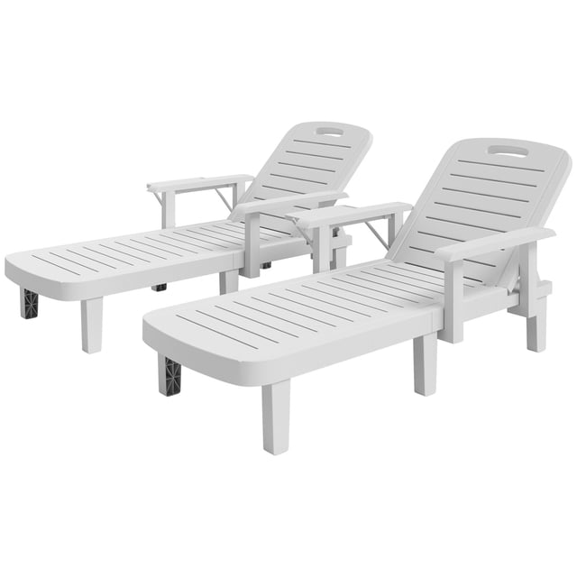 Ensemble de 2 Chaises Longues d'Extérieur avec Table d'Appoint Pliable, Chaises de Bronzage Inclinables à 5 Positions Réglables, Conception Imperméable en Polypropylène Semblable au Bois pour Patio, Jardin Ou Piscine, Blanc