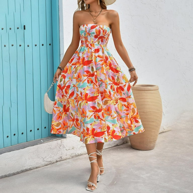 BLTIBY 2025 Womens Summer Dress Printed Casual Loose Fashion Halter  Sleeveless Dresses Skirts 2-in-1 A-line Dresses Orange L