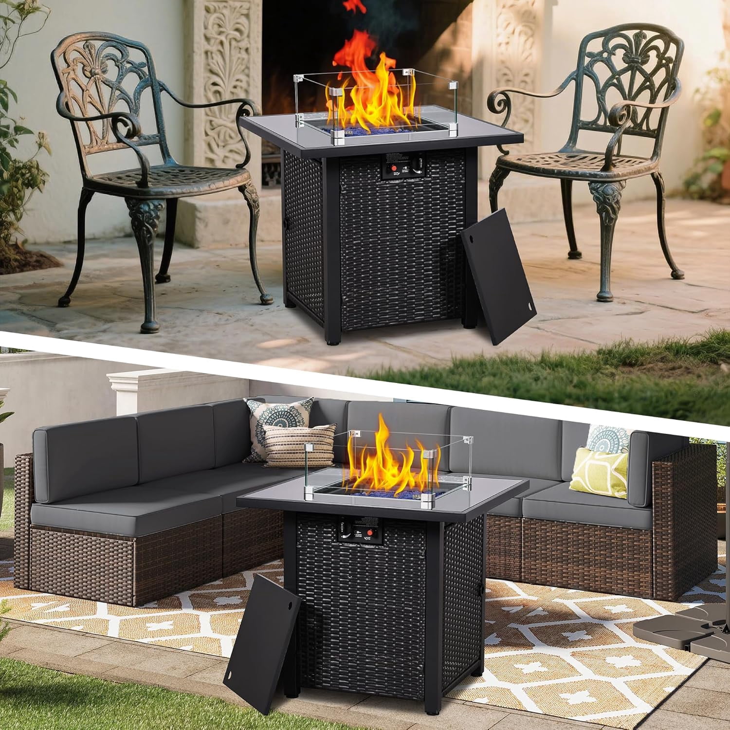 28" Propane Fire Pit Table, 50,000 BTU Steel Gas Firepit, Rectangular Fire Pits with Cover, CSA Certified, Pulse Ignition,Glass Stone,Wind Guard, Ideal for Outdoor Patio,Dining-Black