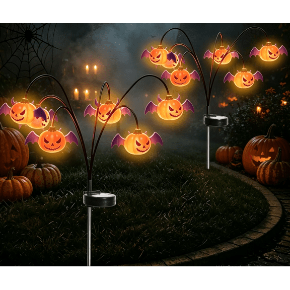 2 Pack Halloween Solar Lights Outdoor, 12 LED Pumpkin Swaying Firefly Garden Stakes, Waterproof Halloween Outdoor Decorations, Spooky Yard Lawn Patio Party Decor
