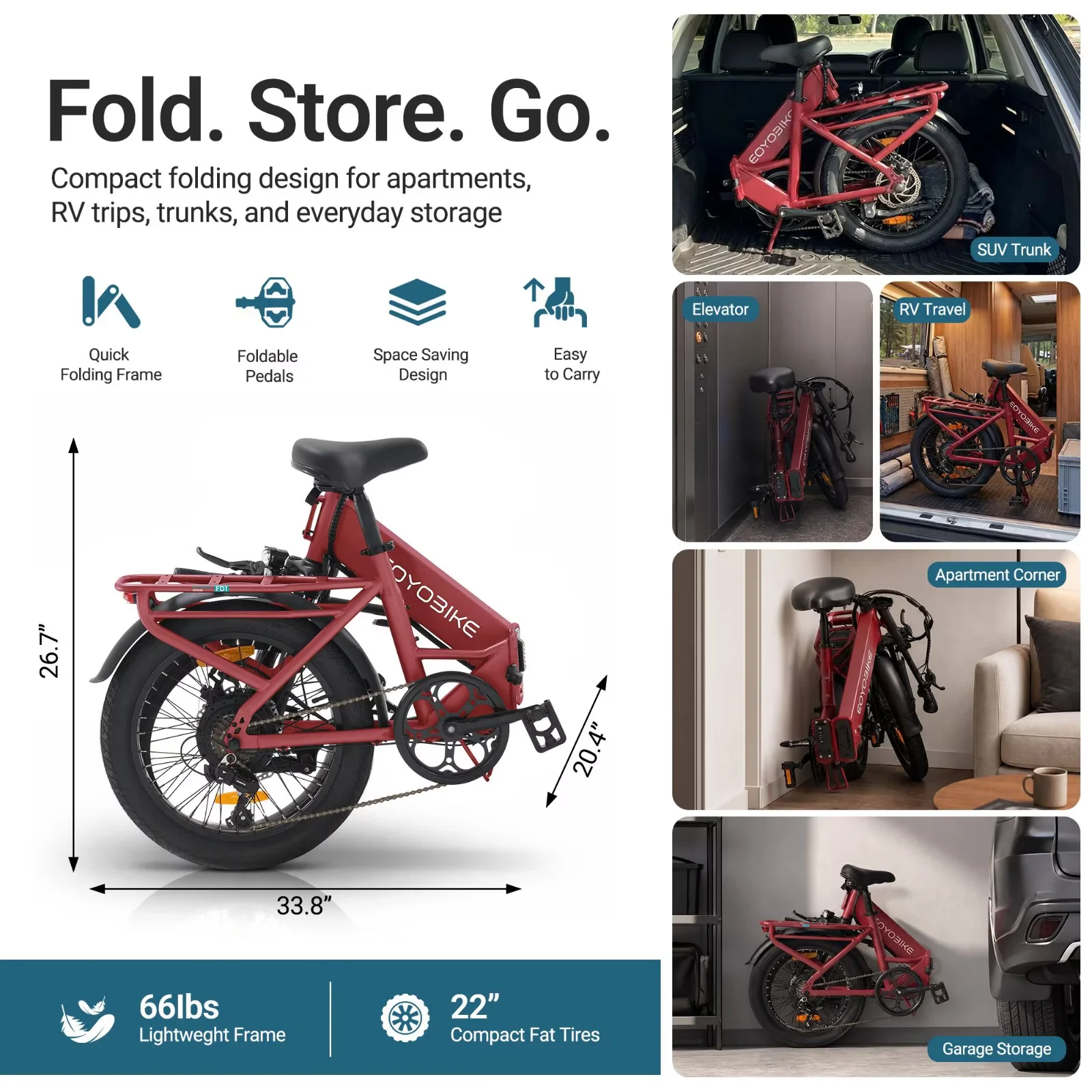 Lilypelle Folding Electric Bicycle for Adults, 20"×3.0 Fat Tire 7 Speed Step-Thru Electric Cargo Bicycle, 500Wh Built-in detachable battery, Peak 1000W Rear Motor，20MPH, Fits for 4'9" to 6'5"