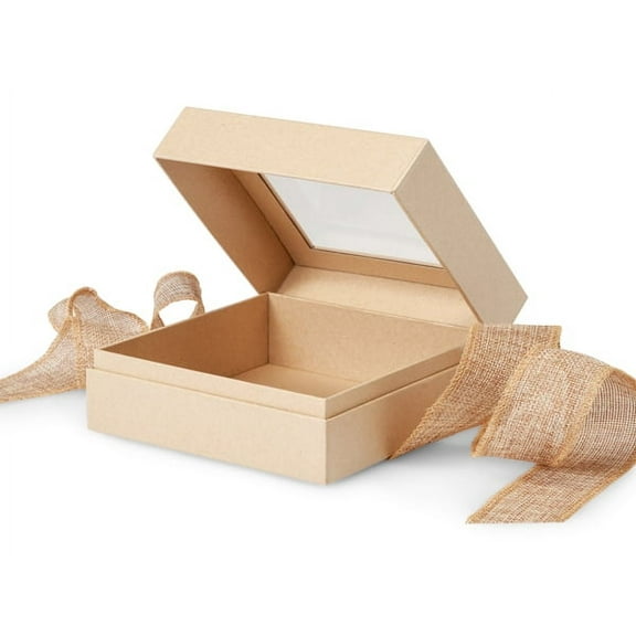 12 Pack, Kraft Window Box With Ribbon, x-Large 7.75x7.75x3" for Party, Holiday & Events