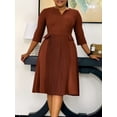 thumbnail image 4 of Vestido de oficina ajustado informal de talla grande para mujer, vestido retro elegante con escote en V y cintura alta con estampado de manga 3/4, vestido de fiesta para mujer, 4 of 5