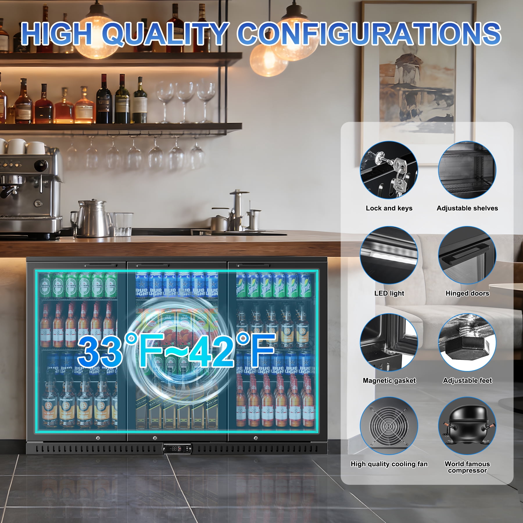 Amerikit  Back Bar Cooler with 3 Glass Doors, 12.4 cu.ft Under Counter Height Beverage Refrigerator for Beer, Wine, Soda, Drinks, ETL Approved