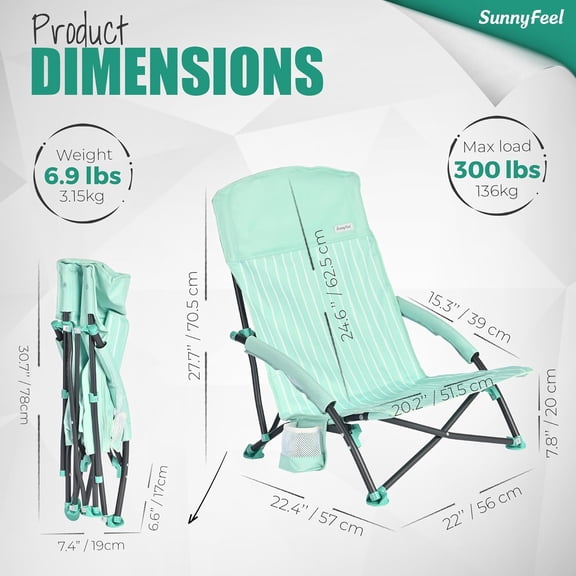 Low Folding Beach Chair for Adults, Portable Lightweight Sling Beach Camping Chairs with Cup Holder, Armrest,Foldable Camp Lawn Chair for Outdoor Sand Concert Travel Sport Events,300LBS