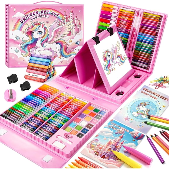 Art Supplies for Kids 208Pcs Unicorn Drawing Kit for Age 4–12 Gift Portable Case, Double-Sided Easel, Markers, Crayons, Pencils, Oil Pastels, Watercolor Cakes, Birthday Gift for Girls