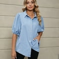thumbnail image 6 of Women's Puff Short Sleeve Denim Shirt, Button up Denim Jacket with Pockets Boyfriends Fashion Vintage Jean Shirts Blue M, 6 of 7