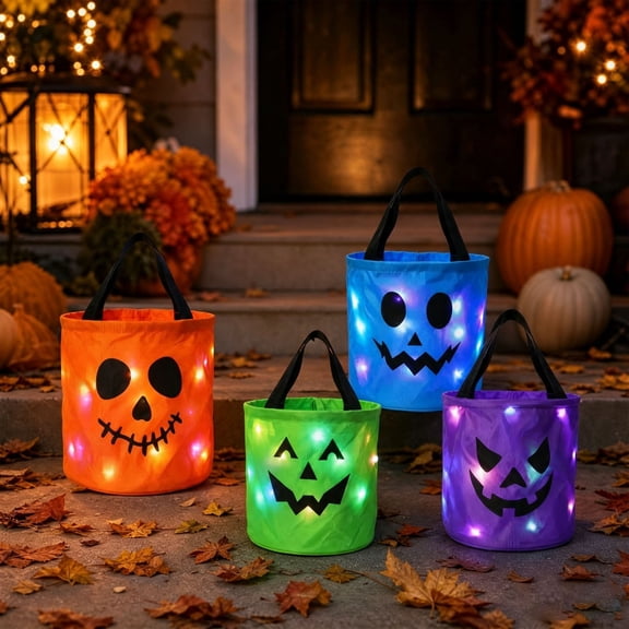 Halloween Buckets,Trick Or Treat Bucket,LED Light Up Halloween Tote Bags Reusable Canvas Pumpkin Skull Trick Or Treat Bags for Kids Party Favors(4CT 12in)