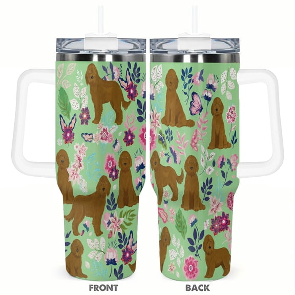 40oz Brown Doodle Dog Tumbler with Handle and Straw Floral Puppy Stainless Steel Insulated Travel Coffee Cup Gift