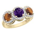 thumbnail image 1 of 14K Yellow Gold Natural Amethyst & Tiger Eye Sides Round 3-stone Ring Diamond Accents, size 6, 1 of 2