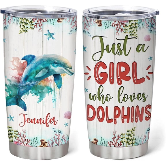 Personalized Gifts For Dolphin Lover - Just A Girl Who Loves Dolphins Custom Name Stainless Steel Tumbler 20oz With Lid - Idea Ocean Animal Lover Gifts For Women Girl On Birthday, Christmas