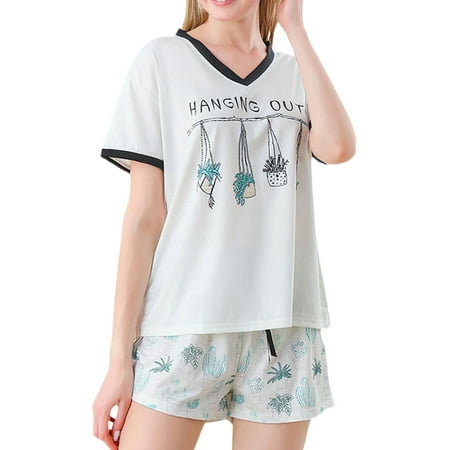 

Glonme Ladies Sleepwear Drawstring Nightgown 2 Pieces Outfits Pajamas Sets Home Clothes Baggy Nightwear Casual Tops And Shorts Lounge Set Cactus XS
