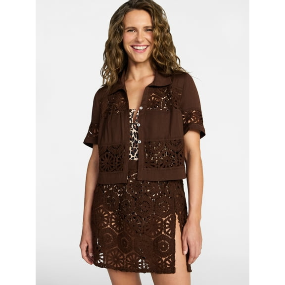 Time and Tru Women's and Women's Plus Size Palm Crochet Coverup Top, Sizes XS-3X