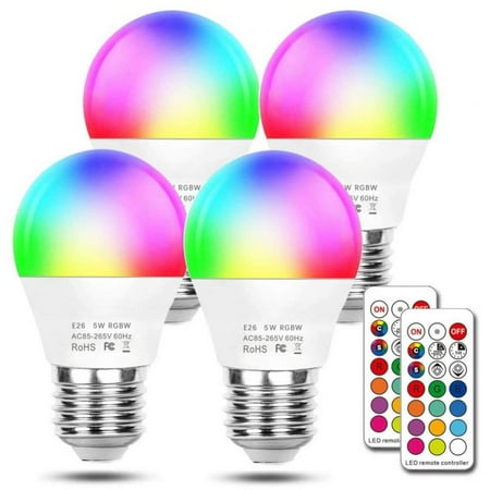 

4Pcs Color Changing Light Bulbs 5W Equivalent 40W RGB LED Light Bulbs with 2 Remote Control E26 LED RGBW Bulb Dimmable Suitable for Family Stage Party