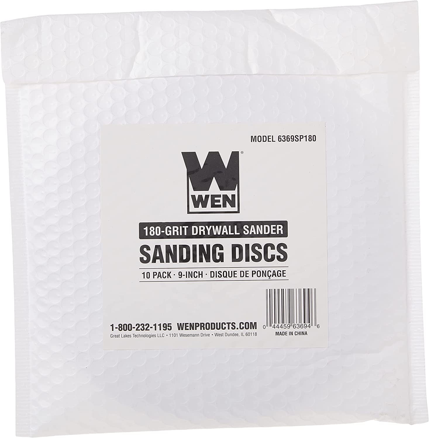 WEN Drywall Sander 180-Grit Hook and Loop 9-Inch Sandpaper, 10-Pack, 6369SP180