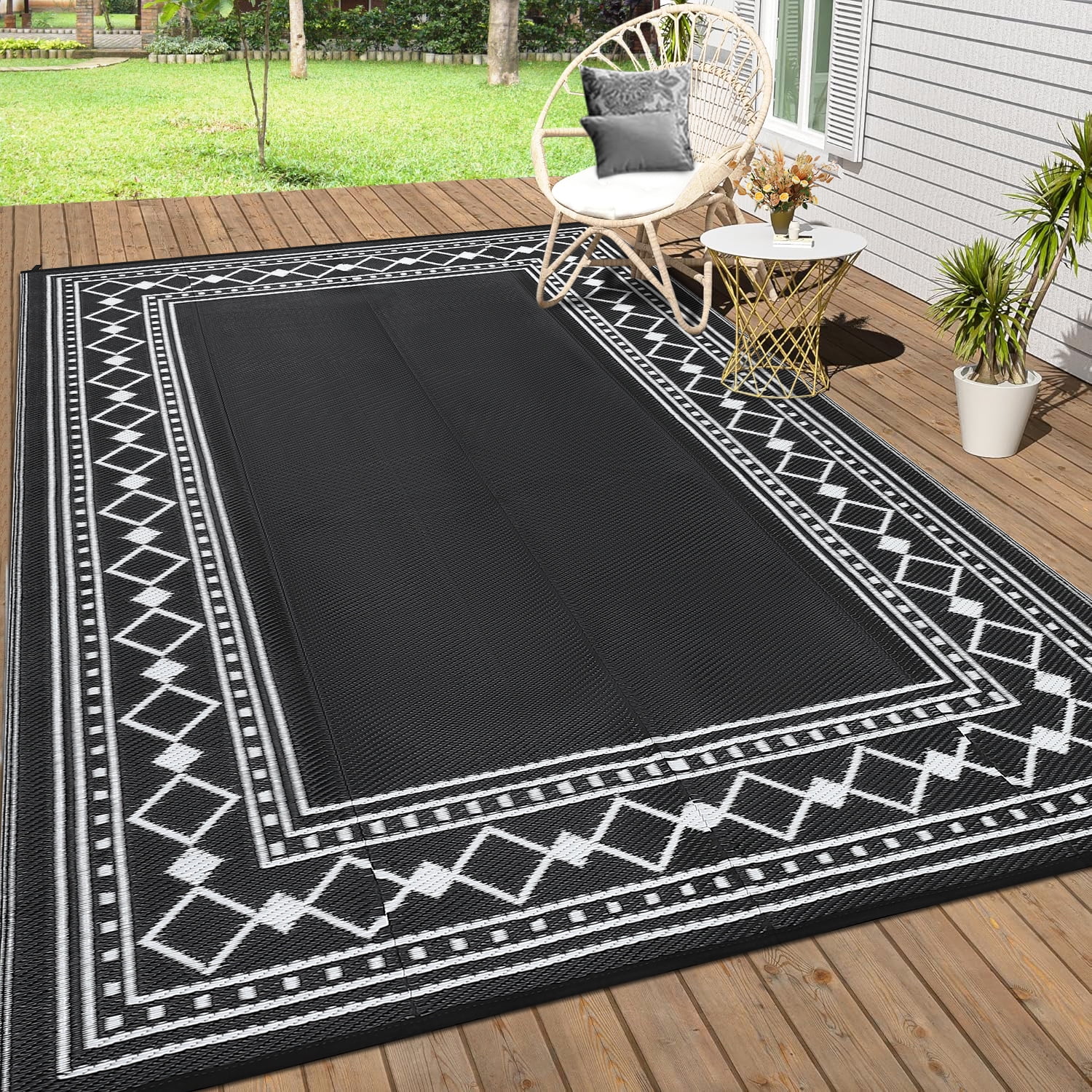 EliteEdge 8*10 Outdoor Rug - Waterproof Double-Sided Plastic Straw Rug, Modern Diamond Border Design P-Tube Outdoor Plastic Mat - Modern - Diamond Double Frame, Suitable for Patio, Camping, Balcony,