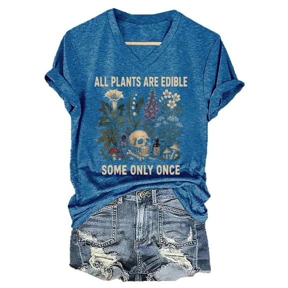 WEIWEN Womens Summer Tops Trendy 2026 All Plants are Edible Some Only Once Short Sleeve V Neck T Shirts for Women Dressy Casual Tshirts Blue, S