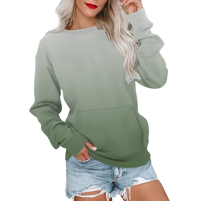 Frostluinai Chandail pour Femmes à Manches Longues, Col Rond, Coupe Ample, Chandail Mode Dégradé, Chandails Légers d'Automne avec Poche