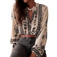 thumbnail image 1 of Camisa Informal de con Cuello en V y Estampado Floral para Mujer, Larga, Estilo Bohemio, para y Otoño. Albaricoque L, 1 of 9