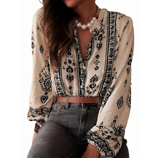 Camisa Informal de con Cuello en V y Estampado Floral para Mujer, Larga, Estilo Bohemio, para y Otoño. Albaricoque L