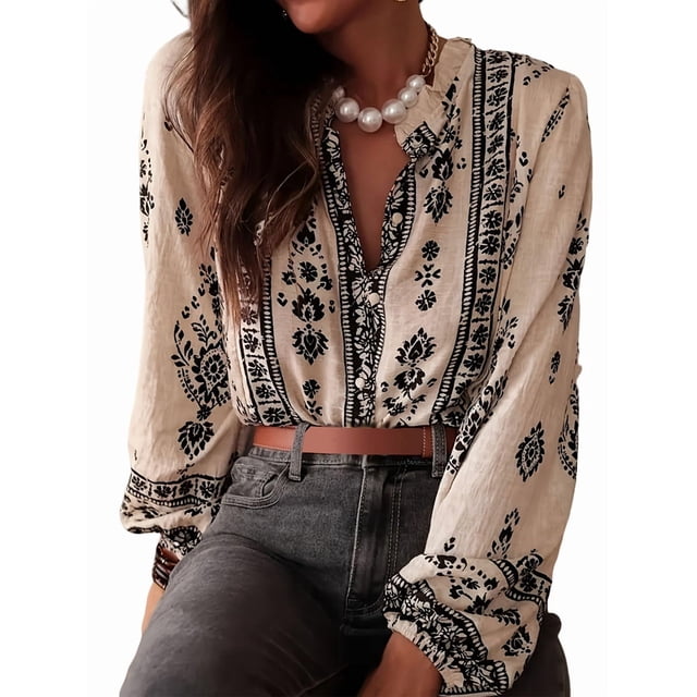 Camisa Informal de con Cuello en V y Estampado Floral para Mujer, Larga, Estilo Bohemio, para y Otoño. Albaricoque L