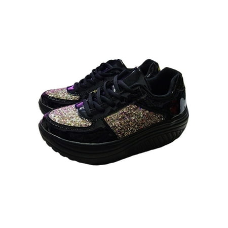

Welliumy Womens Sneakers Platform Trainers Wedge Walking Shoes Outdoor Casual Shoe Fashion Lace Up Black 8
