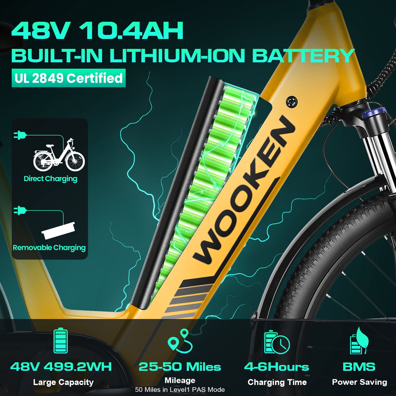 WOOKEN Electric Bike for Adults ,48V 10.4Ah Removable Battery and up to 50Miles 19.8MPH, 26" x 2.1" Electric Commuter Bike with 7-Speed and Front Suspension, UL 2849