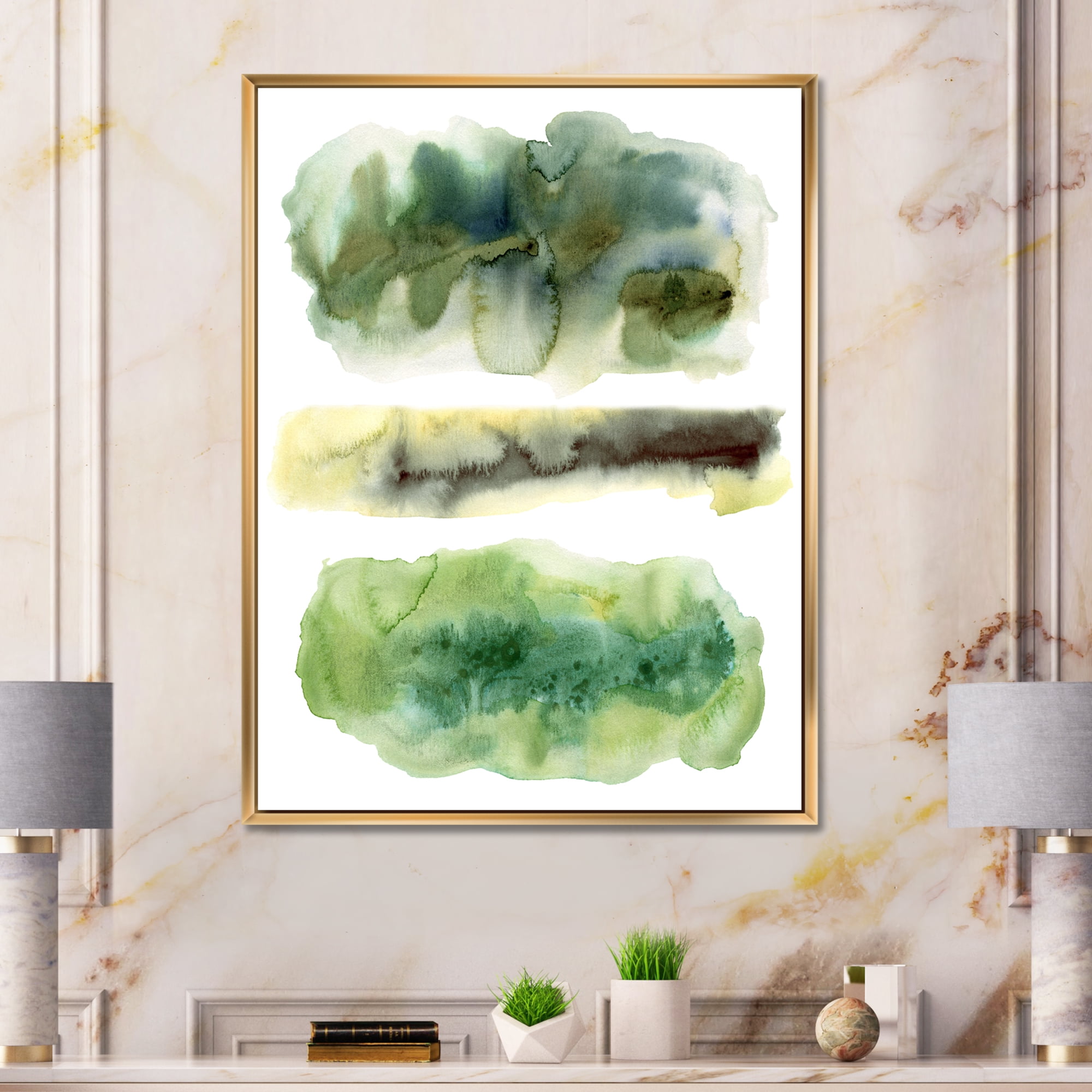 Designart 'Golden Green Abstract Clouds III' Modern Framed Canvas Wall Art Print