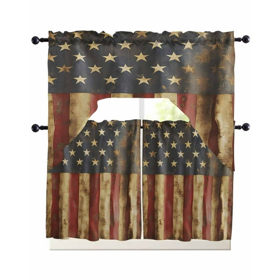 Vintage American Flag Kitchen Curtains Sets 24 Inch Length with Valance, Farmhouse Shabby Patriot Swag Valances and Tiers Curtain Set Drapes Swag Curtains for Living Room, Bathroom, Bedroom, Cafe