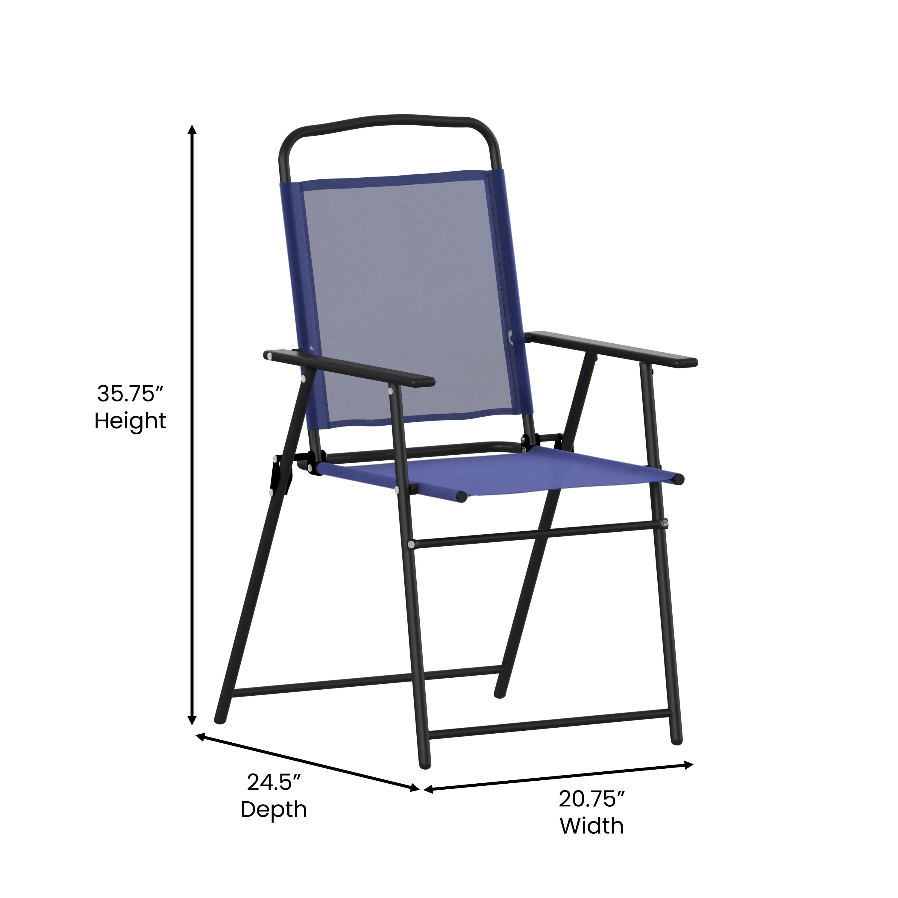 BizChair Set of 2 Folding Patio Sling Chairs, Outdoor Textilene Lawn Chairs with Armrests in Navy