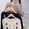 thumbnail image 3 of Women Embroidery Flower Crochet Knit Loose Long Sleeve Cropped Cardigan V-Neck Button Up Korean Style for Jacket Coat Bl apricot, 3 of 4