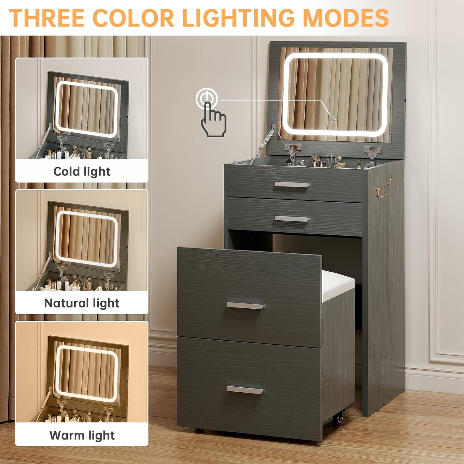 SELOOYE 3 in 1 Vanity Desk, Compact Vanity with 3 Drawers, Makeup Desk with Flip-up 3 Colors Lighting Mirror and Cushioned Stool, Small Vanities Nightstand Perfect for Bedroom, Grey