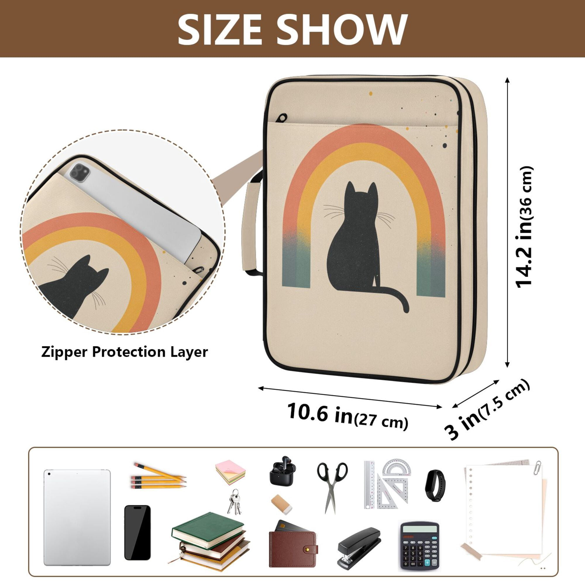 FORMRS Accordion File Folder A4 Size 7-Pocket Expanding Document Organizer Bag with 3 Ring Binder, Beige Cat Rainbow