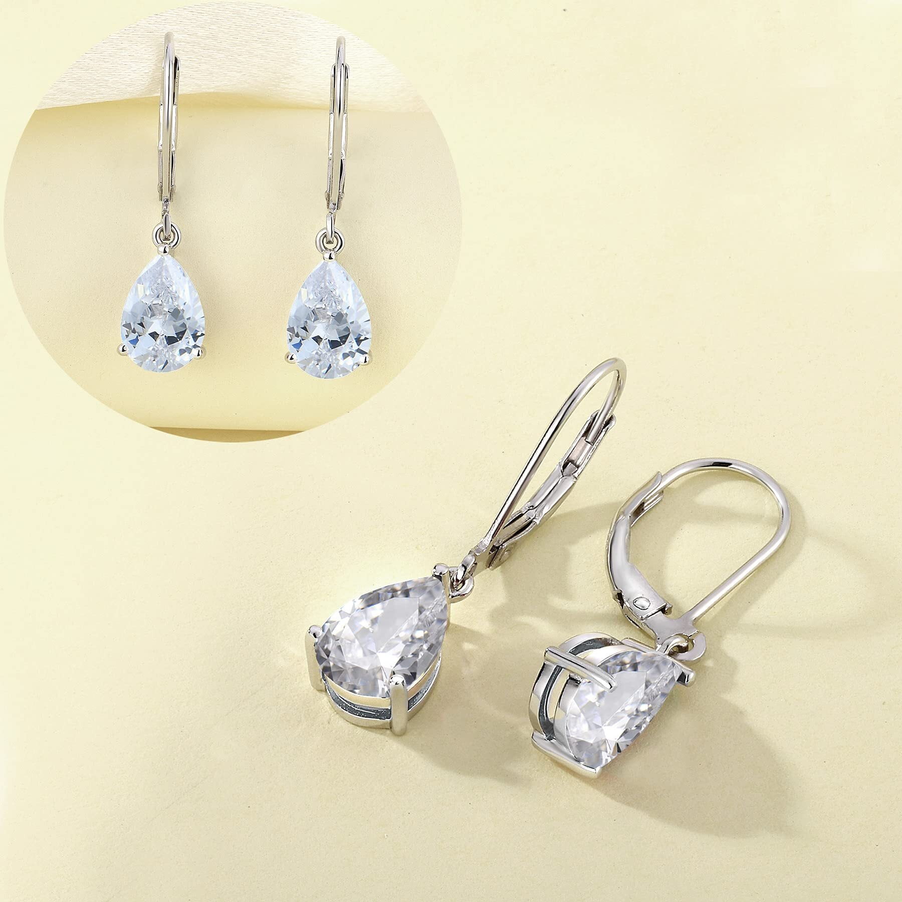 PYNZY Dangle Drop Earrings Sterling Silver Solitaire Leverback Teardrop Earrings for Women Birthstone Cubic Zirconia Jewelry Gifts for Moms