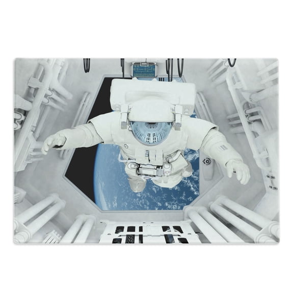 Outer Space Cutting Board, Astronaut Inside Spaceship Cosmic Journey Celestial World Universe Theme, Decorative Tempered Glass Cutting and Serving Board, Large Size, White and Blue, by Ambesonne