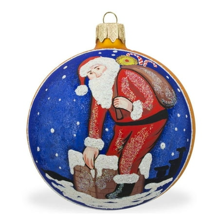 White Glass Chimney - Santa Climbing Down the Chimney Glass Ball Christmas Ornament 3.25 Inches