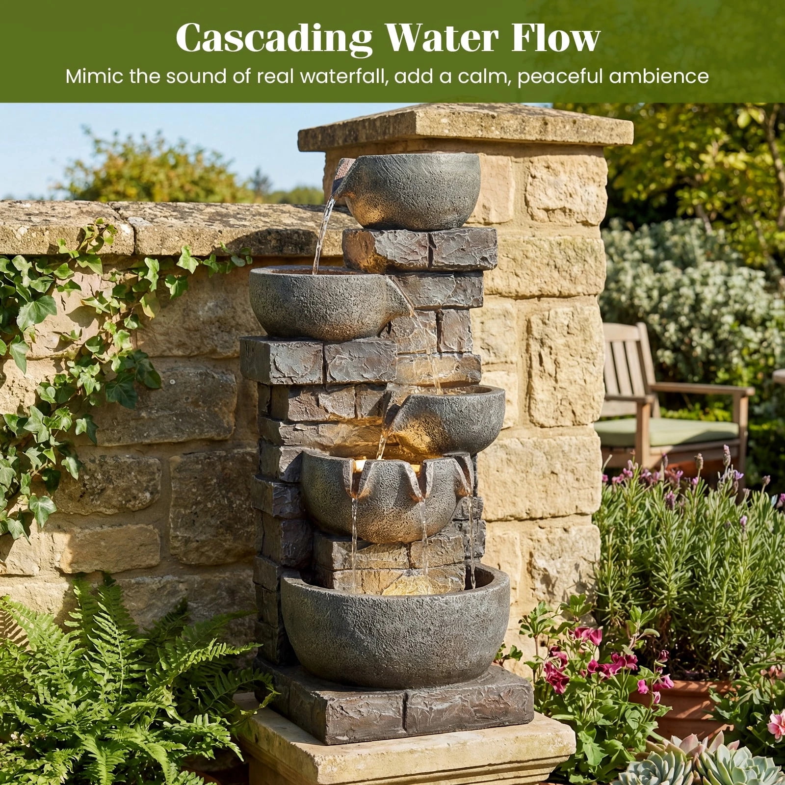 DRAZUNO 33” 5-Tier Outdoor Water Fountain with LED Lights for Patio Backyard Porch Deck