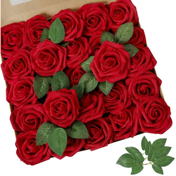 PE Foam Artificial Flowers 8CM Simulation Rose Flower 25pcs Real Looking Blush Foam Fake Roses with Stems For DIY Wedding Bouquets Bridal Shower Centerpieces Party Decorations(Red)