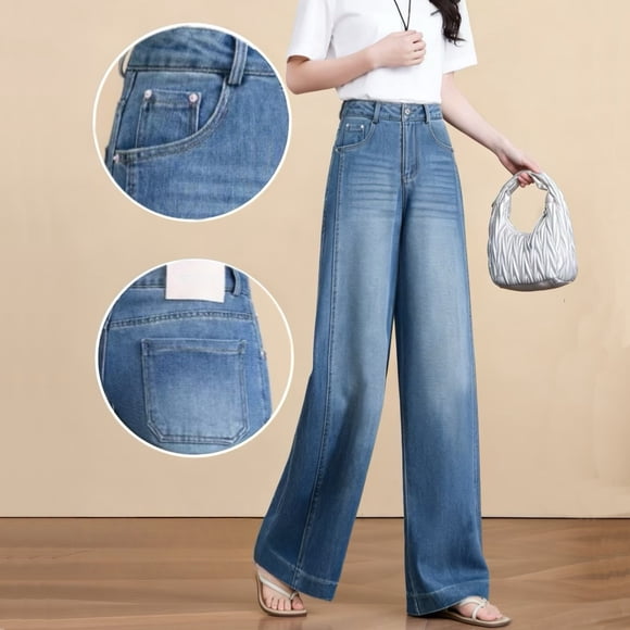 2026 Summer Washed Denim Pants Women's Loose Wide Leg Pants Dark Blue Straight Pants Casual Pants