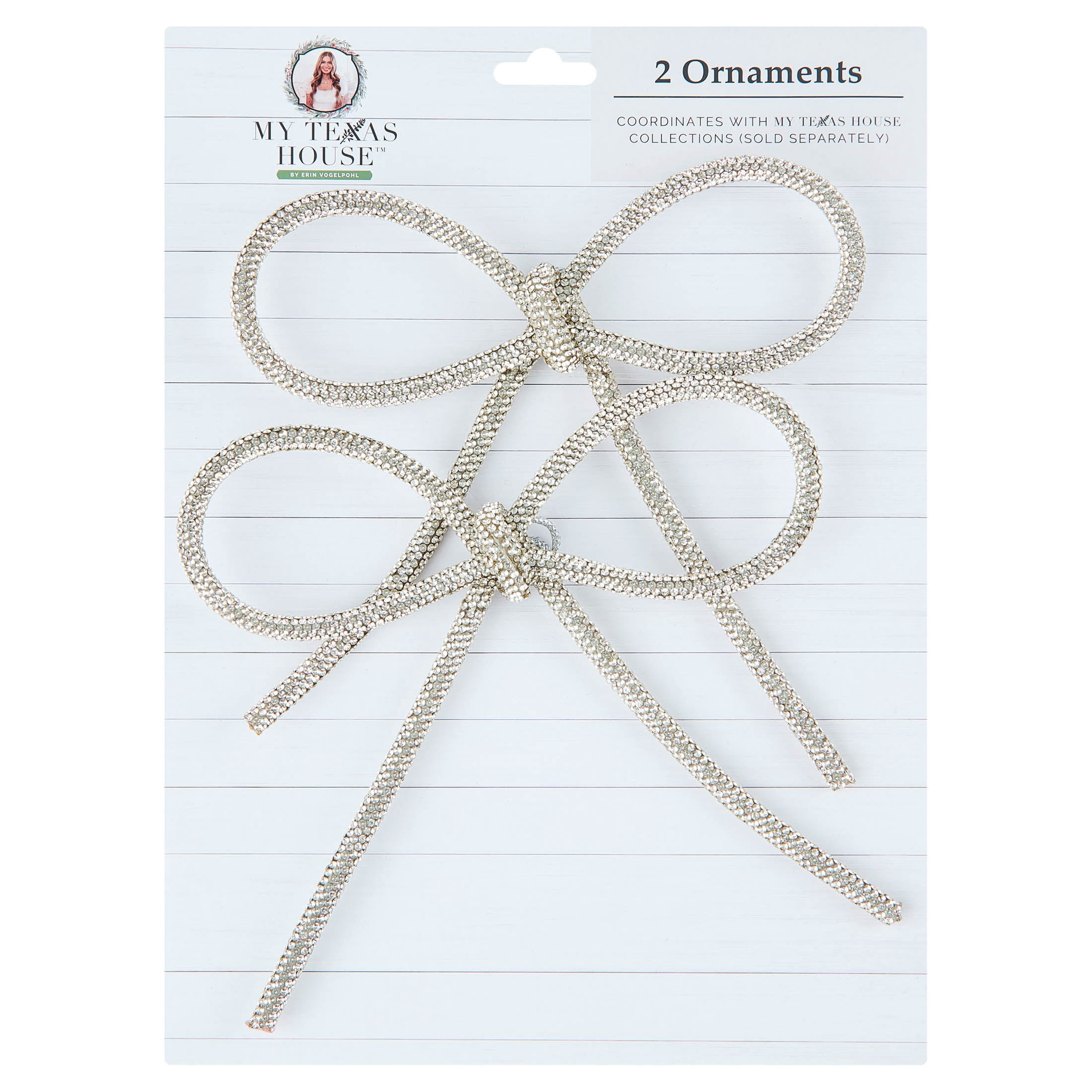 My Texas House 2-Count Silver Crystal Bow Christmas Ornaments, 6"
