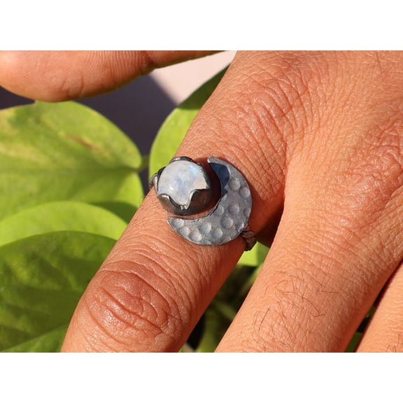 Heaven Crafts 925 Sterling Silver Moonstone Ring Silver Moon Ring Boho Adjustable Promise Gift For Her