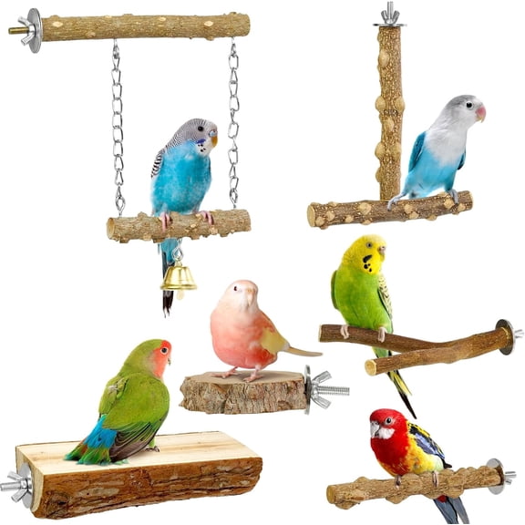 FINAQUA 6-Pack Natural Wood Bird Perch Set - Chewing & Paw Grinding Sticks with Climbing/Standing Branches, Cage Accessories for Parakeet, Lovebirds, Cockatiels