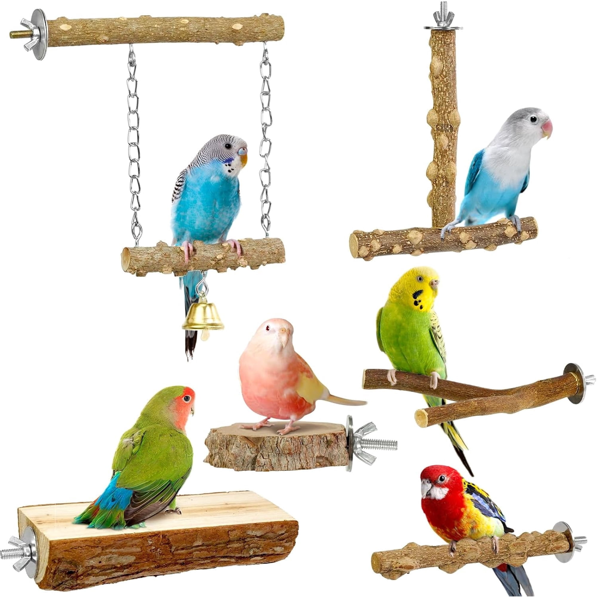 FINAQUA 6-Pack Natural Wood Bird Perch Set - Chewing & Paw Grinding Sticks with Climbing/Standing Branches, Cage Accessories for Parakeet, Lovebirds, Cockatiels