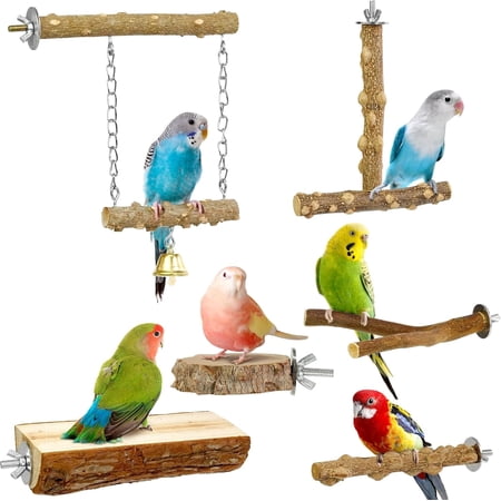 FINAQUA 6-Pack Natural Wood Bird Perch Set - Chewing & Paw Grinding Sticks with Climbing/Standing Branches, Cage Accessories for Parakeet, Lovebirds, Cockatiels