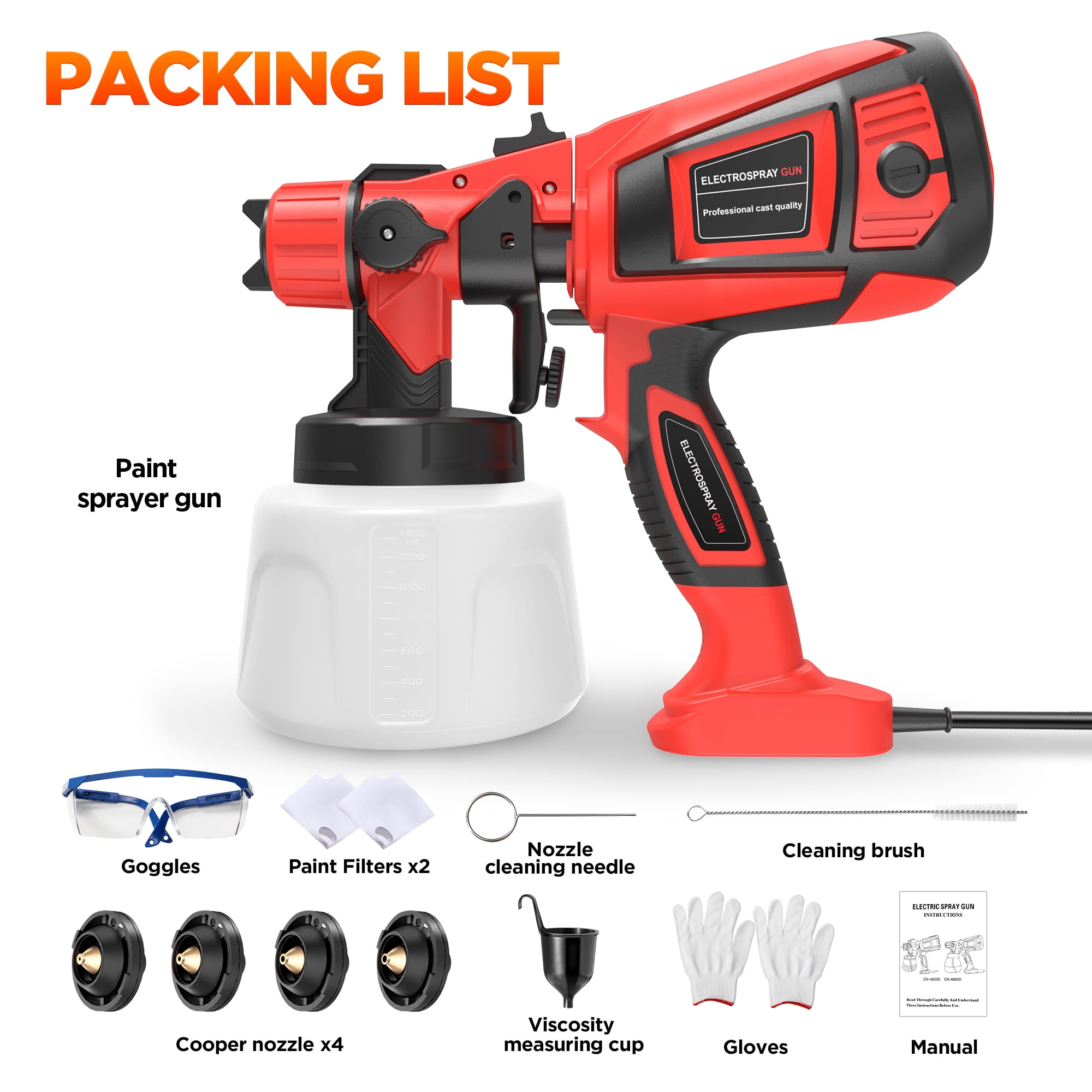 TNTANTS Paint Sprayer 1400ml Large Container, 550W HVLP Electric Spray Paint Gun with 4 Nozzles 3 Spray Patterns for House Painting, Home Interior and Exterior(Red)