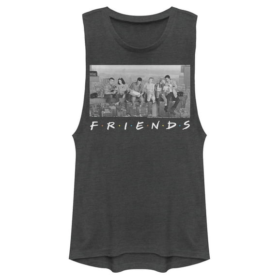 Junior's Friends Besties Atop Skyscraper Photo Festival Muscle Graphic T-Shirt