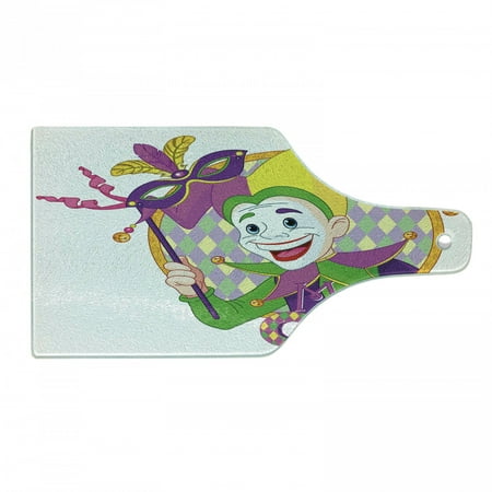 

Mardi Gras Cutting Board Cartoon Design of Mardi Gras Jester Smiling and Holding a Harlequin Decorative Tempered Glass Cutting and Serving Board Wine Bottle Shape Multicolor by Ambesonne
