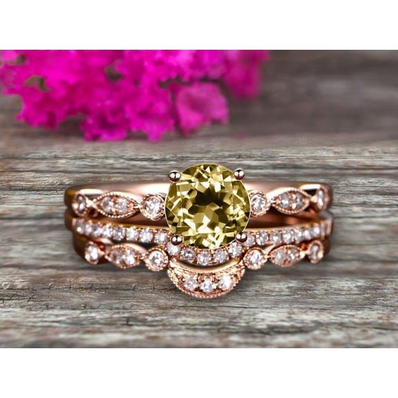 Trio Set 6mm Round Cut 2.5 Carat VS Champagne Diamond Moissanite Engagement Ring Set Milgrain Crown Wedding Band 10k Rose Gold Art Deco