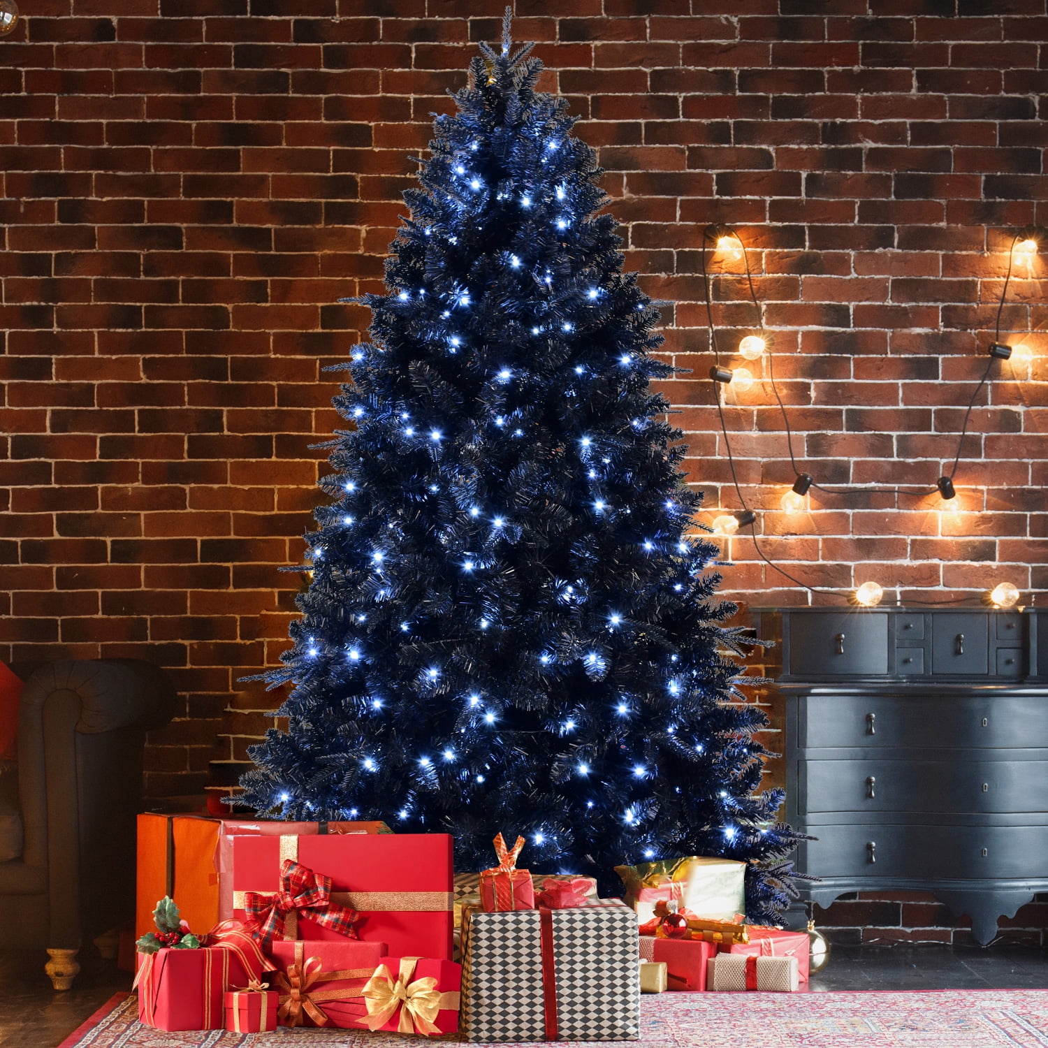 Euroco 8ft Black Christmas Tree with 600 White LED Lights, 2486 Tips PE+PVC Artificial Tree for Halloween & Holiday Decor, Hinged Structure with Stable Metal Stand
