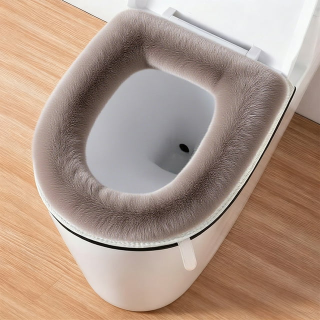 Flannel Toilet Seat Cushion | Thickened Warm Cover | Washable Zippered Design | Beige Gray Coffee